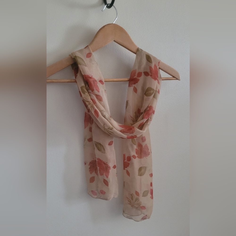 Fall Leaf Semi Sheer Scarf, Silky & Lightweight, Dusty Orange, Red & Green
